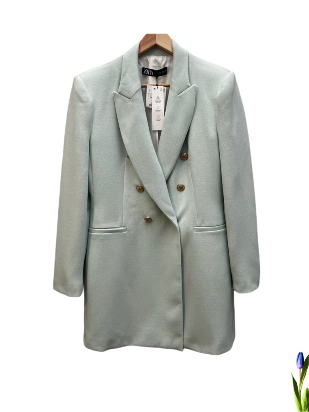 Zara Double-Breasted Pastel Mint Long Blazer Gold Buttons Size L